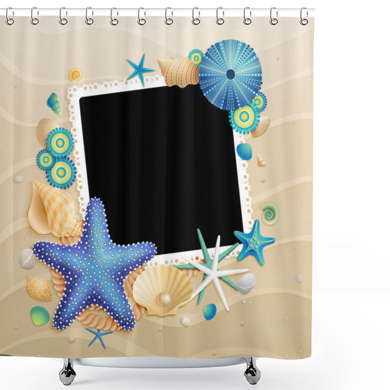 Personality  Pictures, Shells And Starfishes On Sand Background Shower Curtains