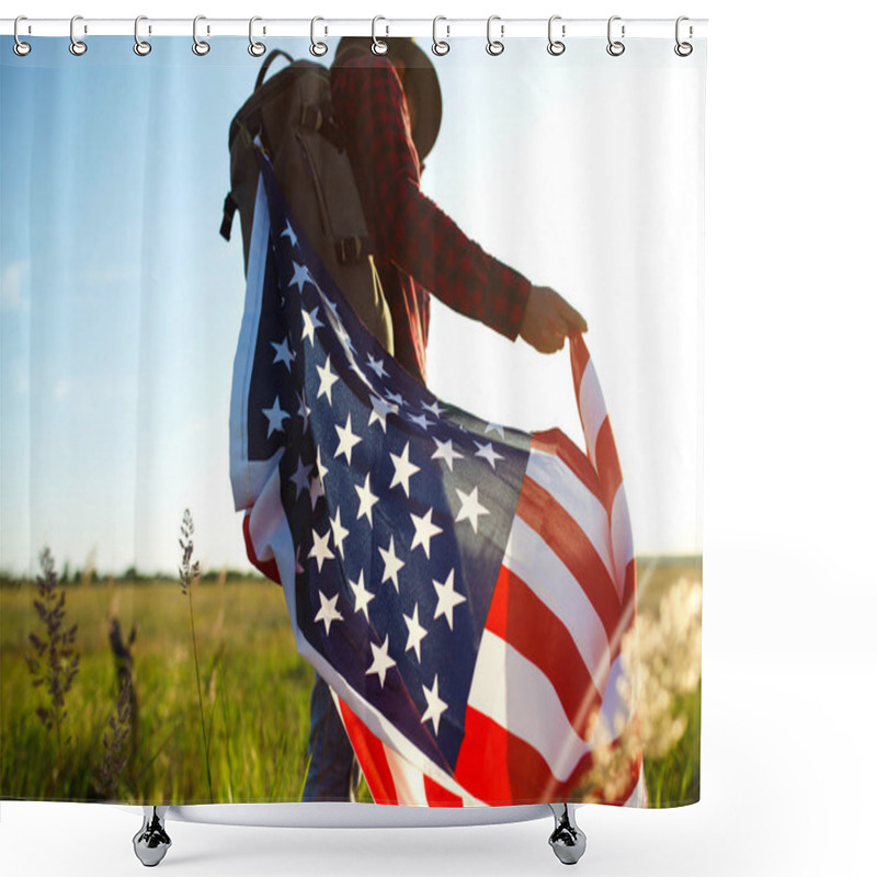 Personality  4th Of July. American Flag.Patriotic Holiday. Traveler With The Flag Of America. The Man Is Wearing A Hat, A Backpack, A Shirt And Jeans. Beautiful Sunset Light. American Style.  Shower Curtains