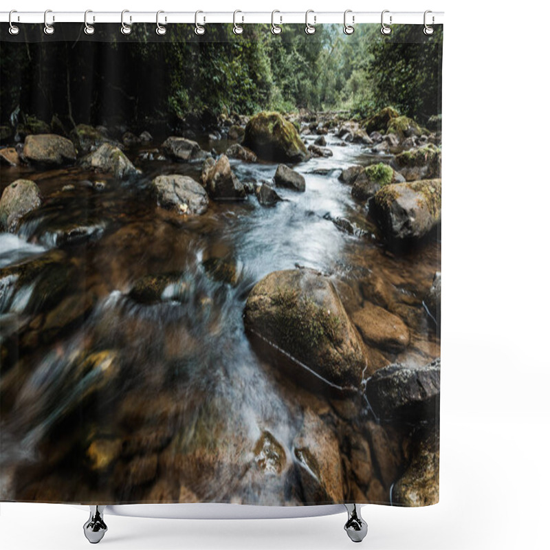 Personality  Selective Focus Of Flowing Stream Near Wet Rocks With Green Mold  Shower Curtains