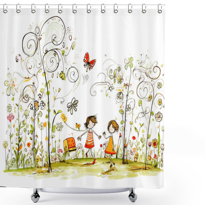 Personality  Drawing Garden Children Style In Hand-drawn Style Shower Curtains