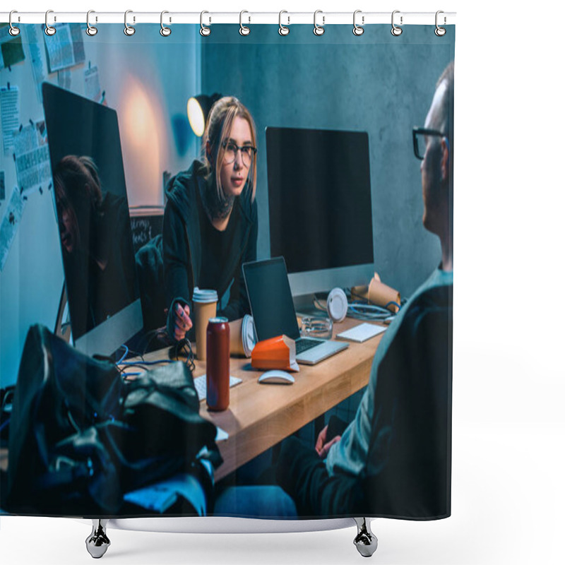 Personality  Couple Of Hackers Talking At Workplace In Dark Room Shower Curtains