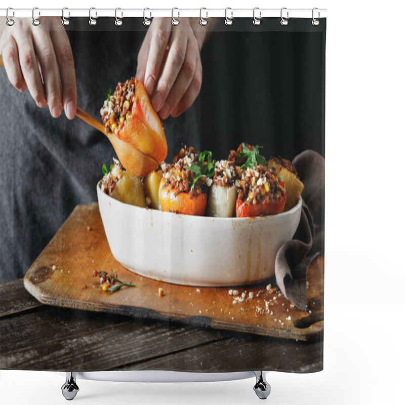 Personality  Male Hands Holding Cooked Stuffed Peppers With Green Lentils, Corn, Salsa And Almonds On Wooden Table  Shower Curtains