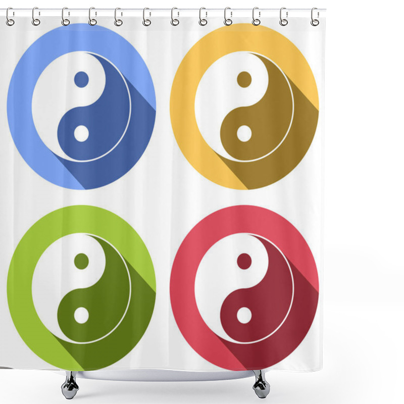 Personality  Yin Yan Symbol. Set Of White Icons With Long Shadow On Blue, Orange, Green And Red Colored Circles. Sticker Style Shower Curtains