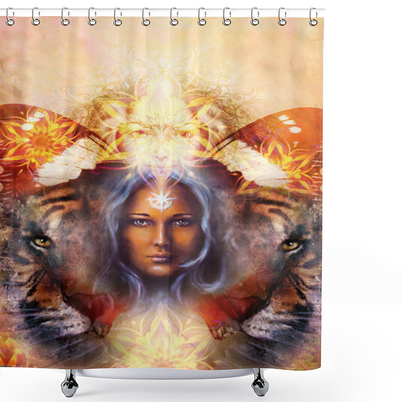 Personality  Painting Mighty Tiger Head On Ornamental Background And Mystic Woman Face And Butterfly, Computer Collage. Shower Curtains