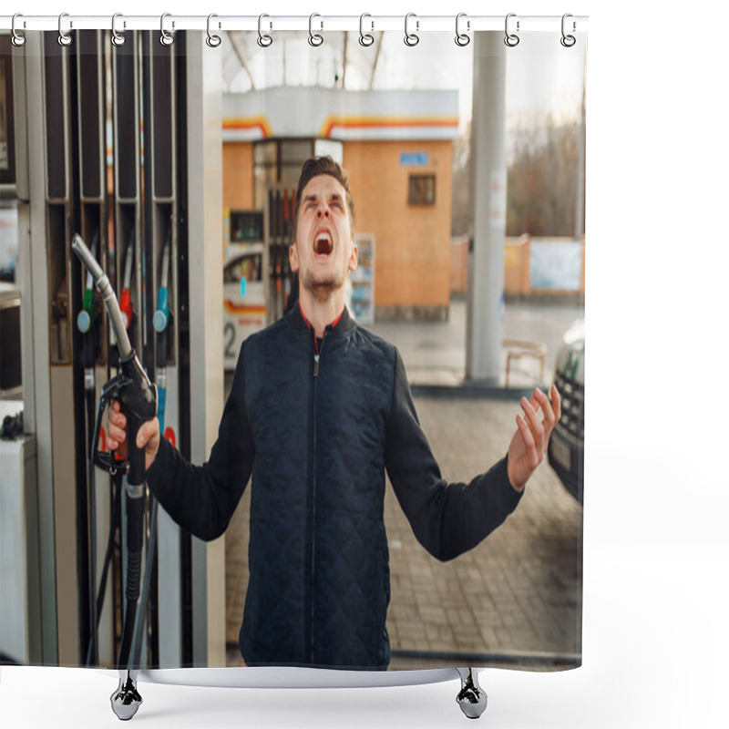 Personality  Depressed Man Cries On Gas Station, High Price On Fuel. Petrol Fueling, Gasoline Or Diesel Refuel Service, Petroleum Refueling Shower Curtains