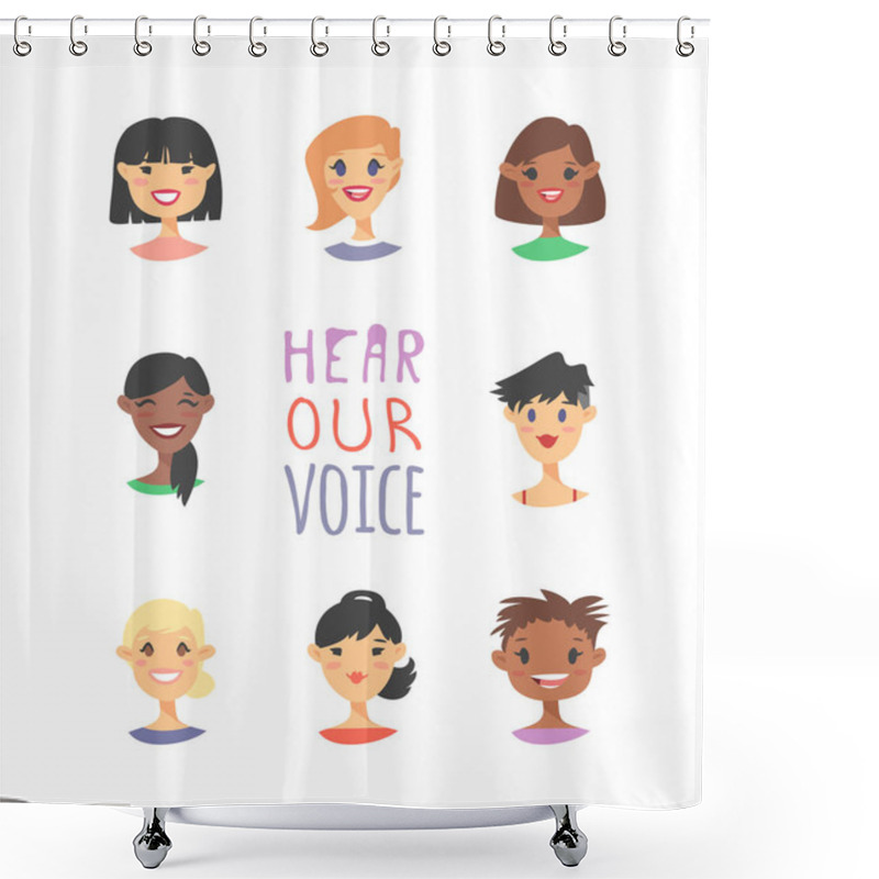 Personality  Set Of A Group Of Different People And Text. Cartoon Style Chara Shower Curtains