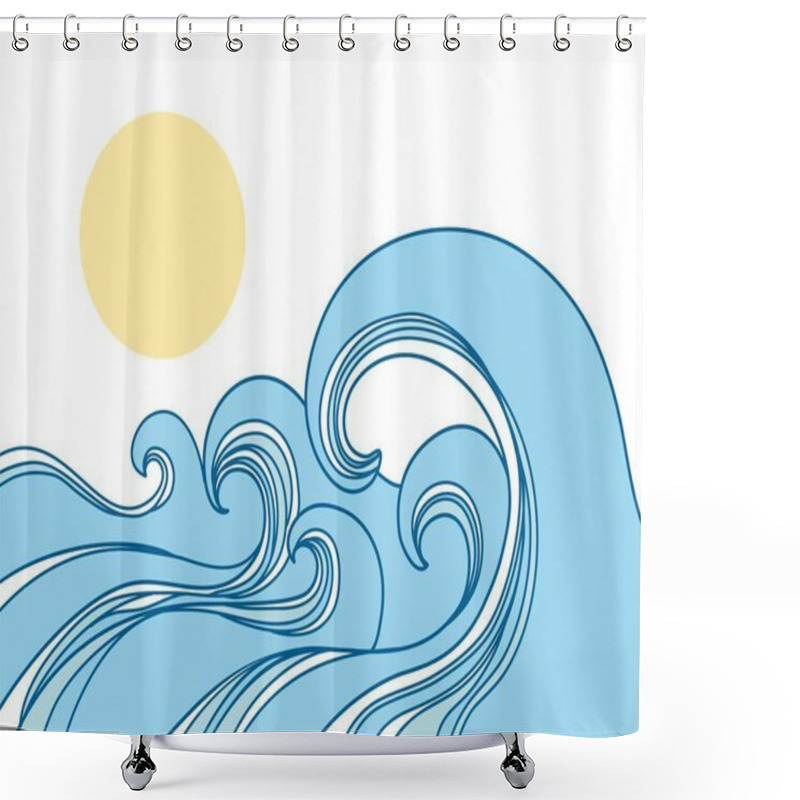 Personality  Vector Sea Waves And Sun Outline Graphic Illustration Background For Print Or Design. Seascape Abstract Blue Waves Isolated On White Shower Curtains