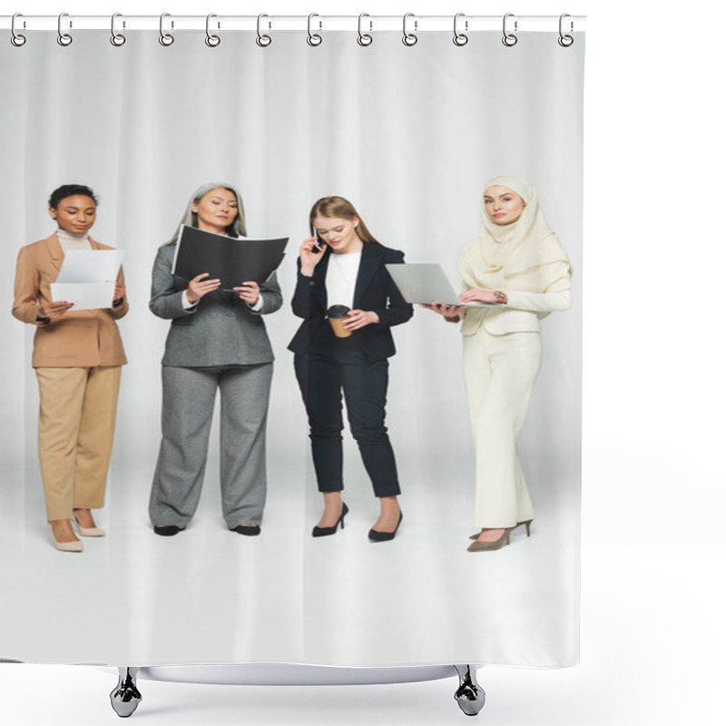 Personality  Attractive Multicultural Businesswomen With Folders Near Woman Talking On Smartphone On White  Shower Curtains