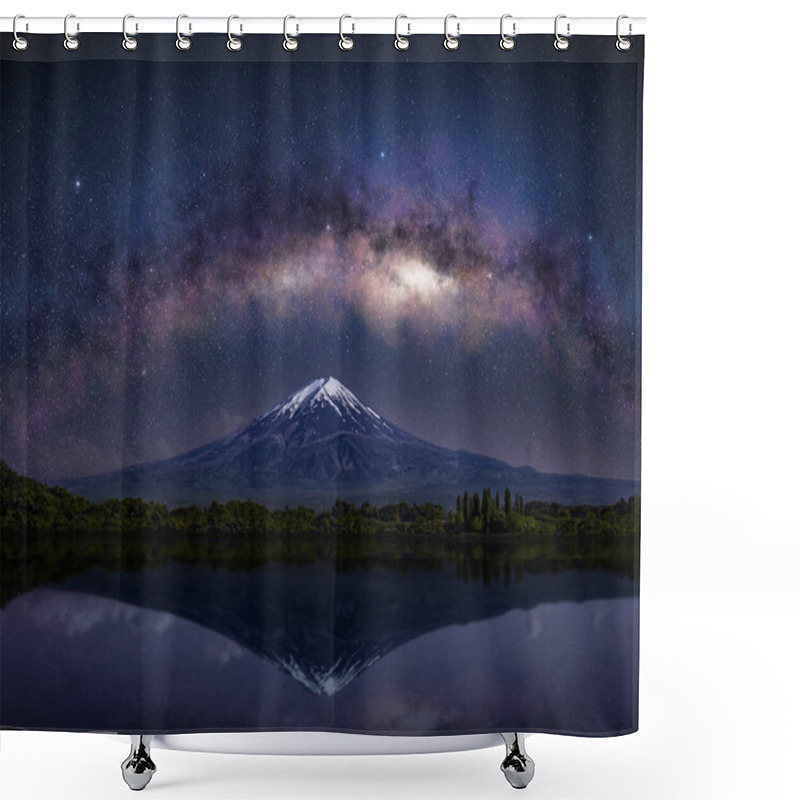 Personality  Milky Way Arch Above Mt.Fuji Mirroring In Lake Water. Majestic Night Scenery In Japan. Shower Curtains