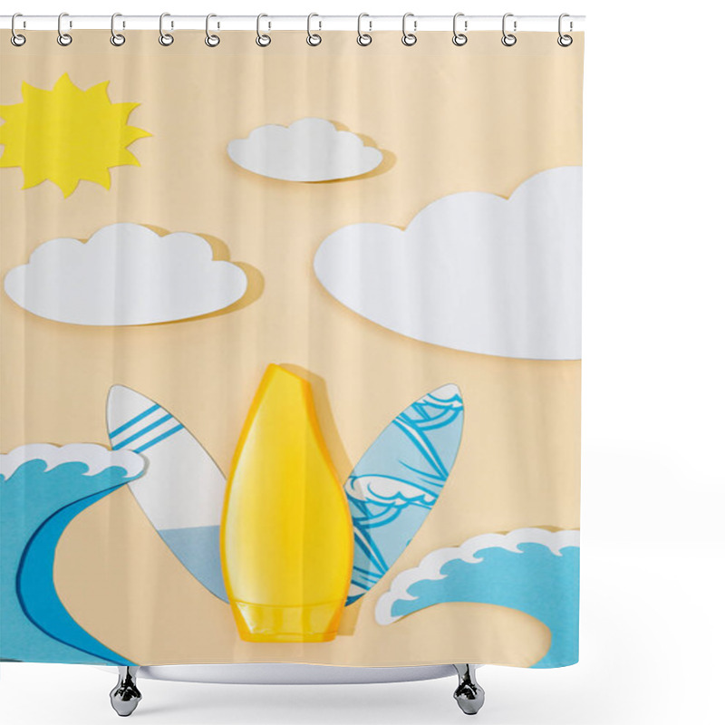 Personality  Top View Of Paper Cut Summer Beach With Tube Of Sunscreen On Beige Background Shower Curtains