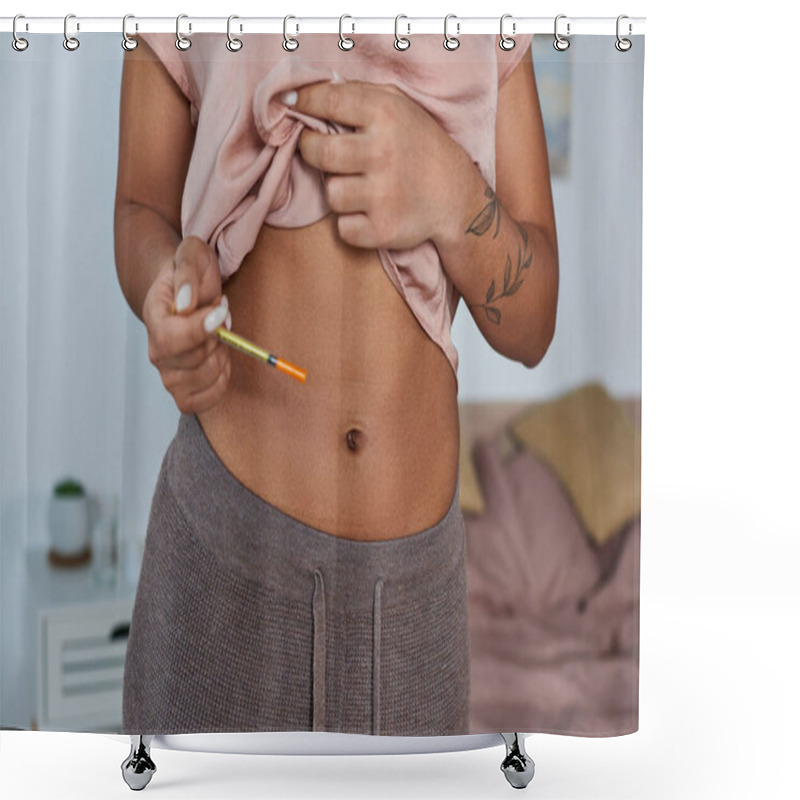 Personality  African American Woman Making Hormonal Injections In Belly, Tattoo, Pregnancy Concept, Cropped Shower Curtains