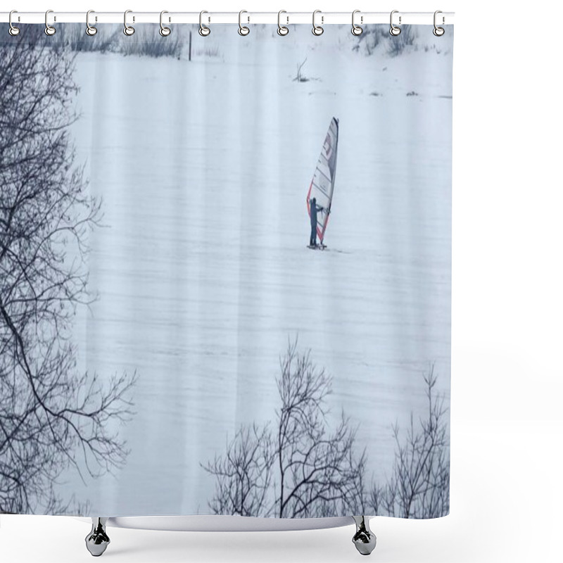 Personality  A Man Windsurf In Winter On The Snow-covered Surface Of A Frozen River. Shower Curtains