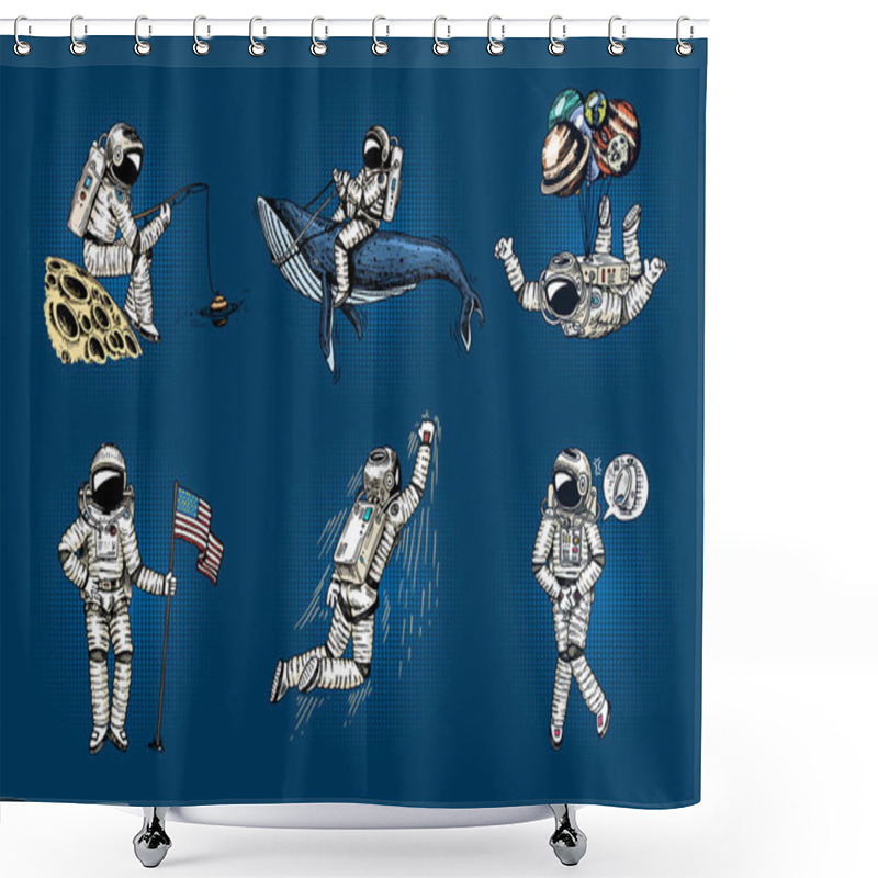 Personality  Set Of Astronauts In Space Pop Art. Collection Soaring Spaceman With Flag, Whale And Balloons. Dancer Musician Adventure In The Galaxy. Homeless Traveler Engraved Hand Drawn Comic Sketch. Shower Curtains