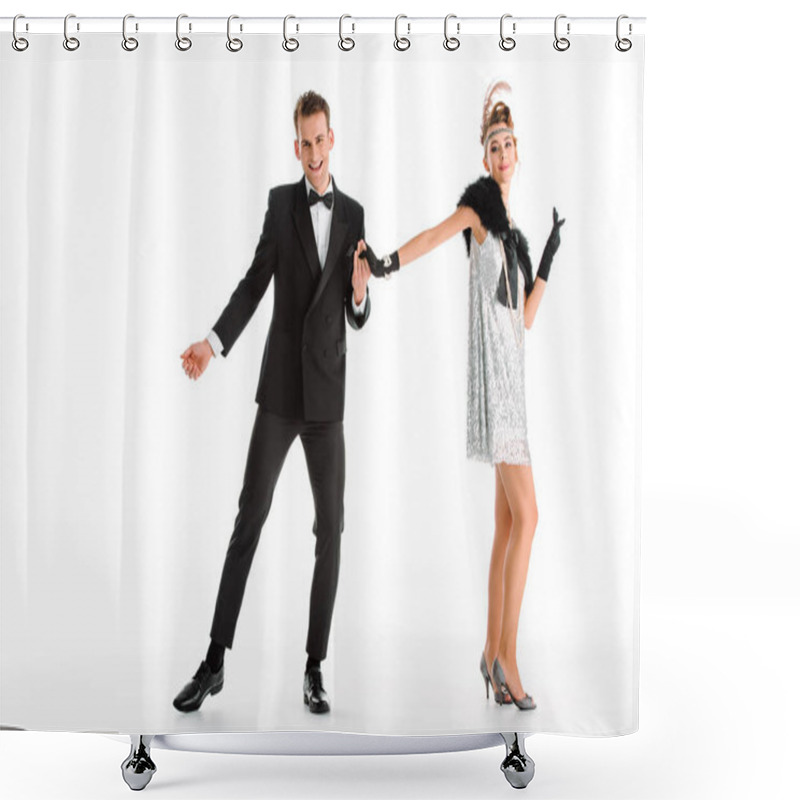 Personality  Happy And Stylish Couple Dancing Isolated On White  Shower Curtains