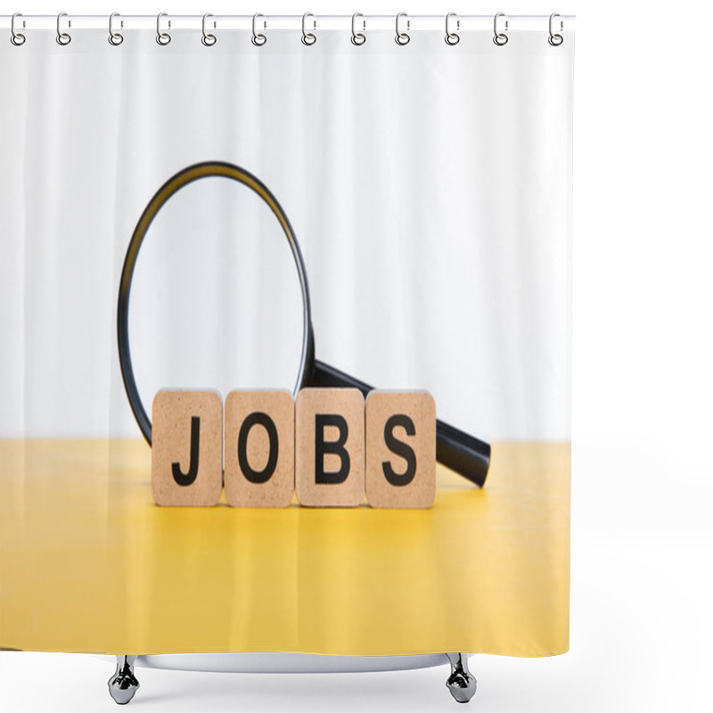 Personality  Cardboard Squares With Jobs Inscription Near Magnifying Glass On Yellow Surface Isolated On White Shower Curtains