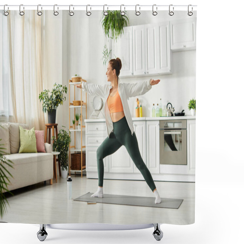 Personality  Middle Aged Woman Finds Peace Through Yoga In Her Living Room. Shower Curtains