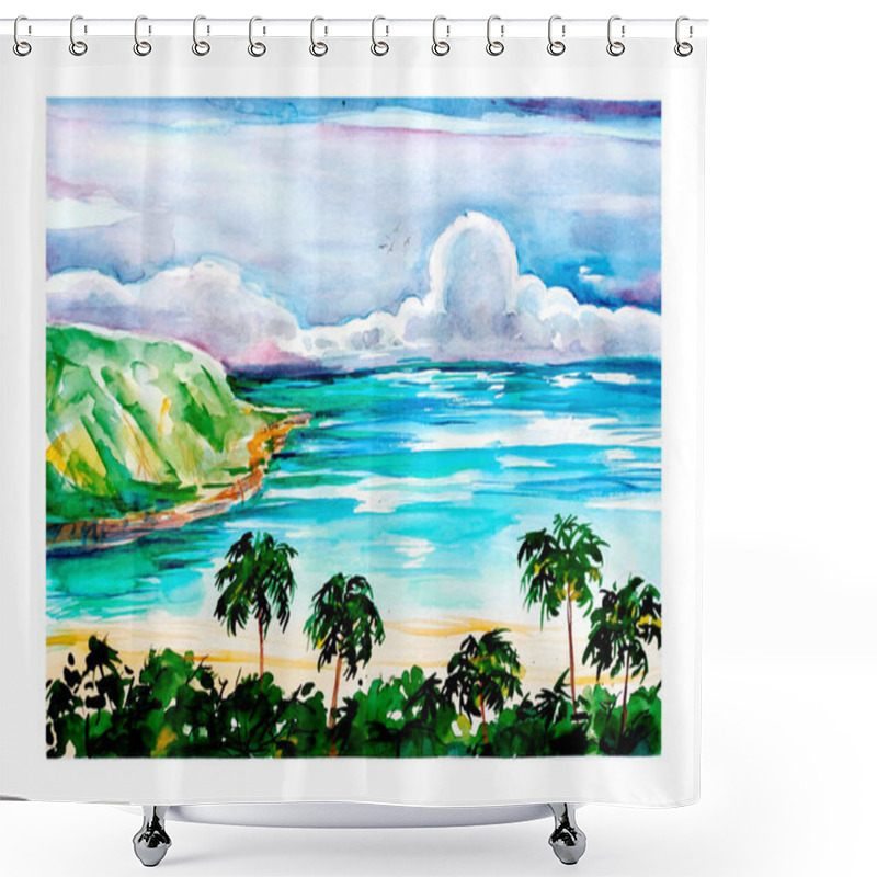 Personality  Aquarelle Set Of Seaside Sketch Art, Background Illustration Shower Curtains