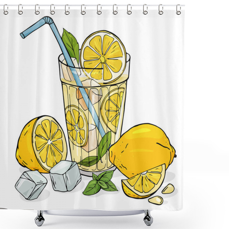 Personality  Cool Lemonade In A Glass Cup With Ice And Mint. A Whole Lemon, Half And Slice With Seeds. Shower Curtains