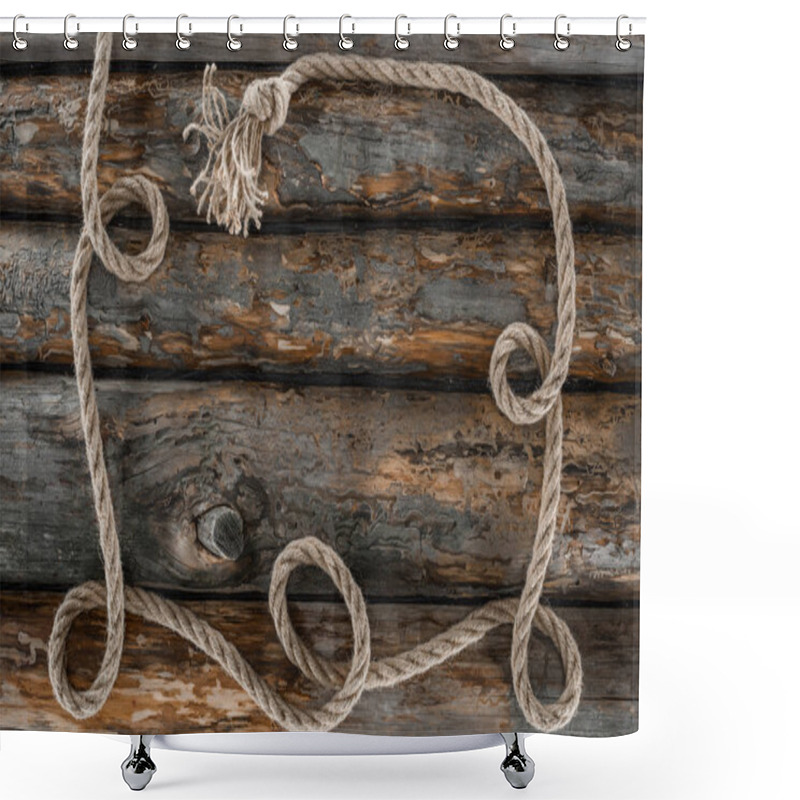 Personality  Top View Of Nautical Rope With Knot On Grunge Wooden Surface Shower Curtains