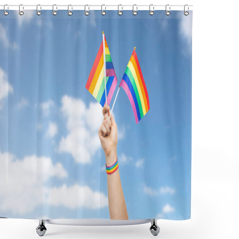 Personality  Hand With Gay Pride Rainbow Flags And Wristband Shower Curtains