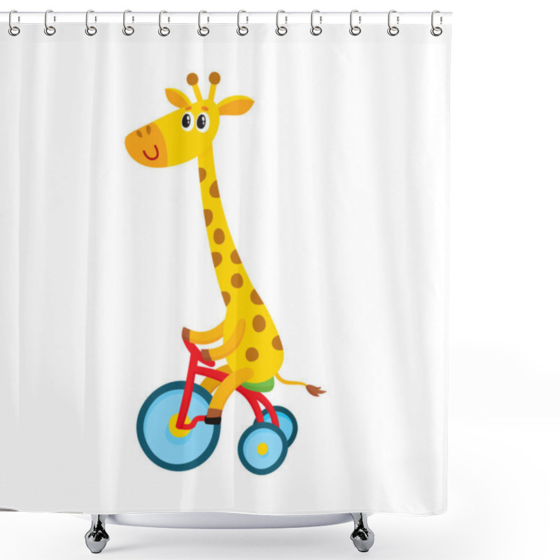 Personality  Cute Little Giraffe Character Riding Bicycle, Tricycle, Cycling, Cartoon Illustration Shower Curtains