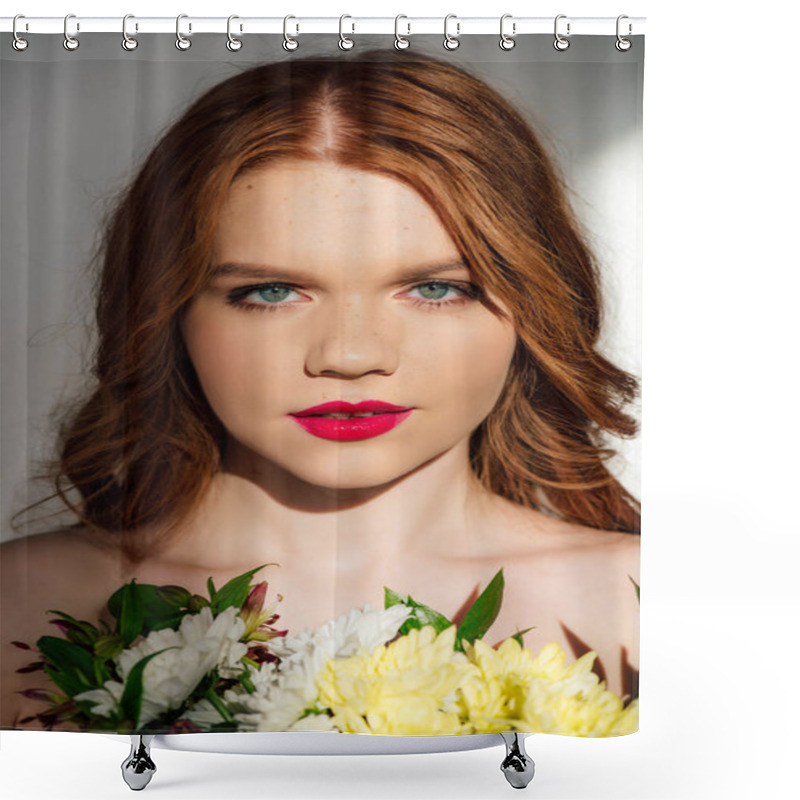 Personality  Beautiful Young Redhead Woman With Red Lips Posing With Flowers And Looking At Camera  Shower Curtains