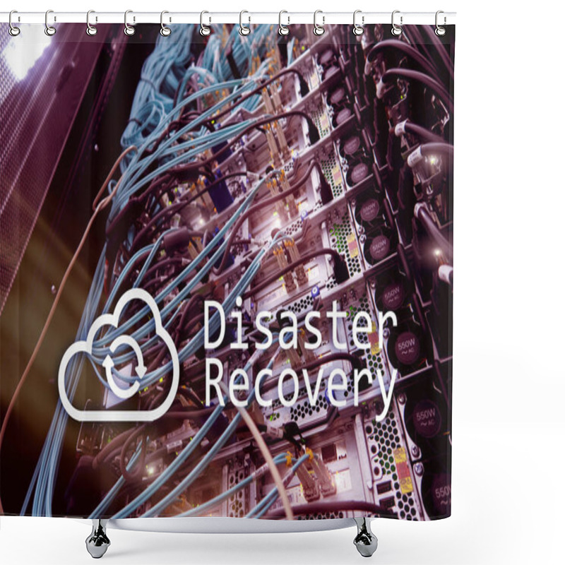 Personality  DIsaster Recovery. Data Loss Prevention. Server Room On Background. Shower Curtains