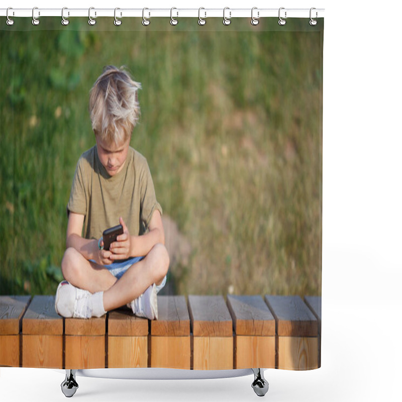 Personality  Image Of Boy With Telephones Hands Sitting On Wooden Fence Outdoors Shower Curtains