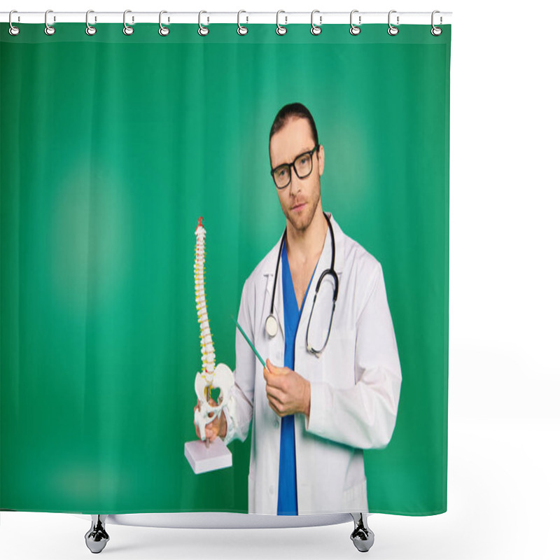 Personality  Male Doctor Examines Human Skeleton Model. Shower Curtains