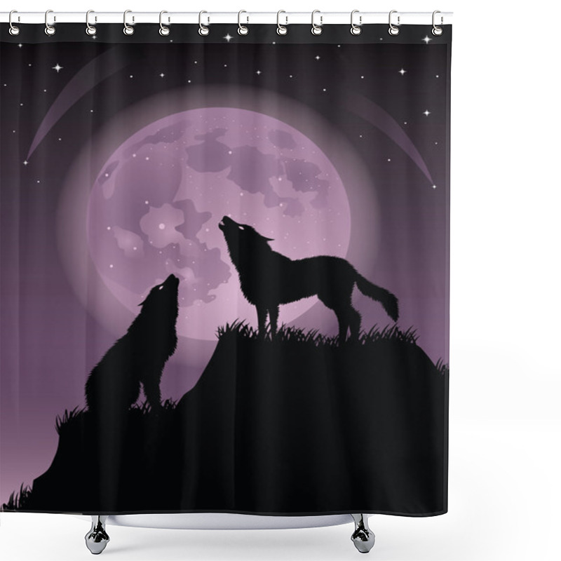 Personality  Two Wolfs Standing On A Hill And Howling At A Full Moon. Shower Curtains