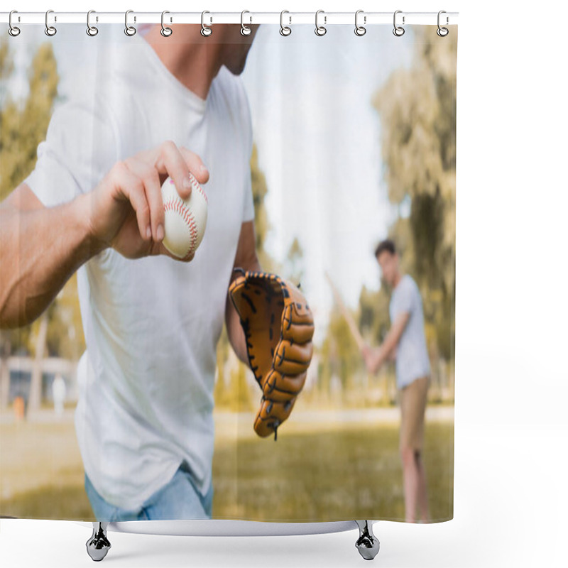 Personality  Cropped View Of Man In Leather Glove Playing Baseball With Teenager Son In Park  Shower Curtains