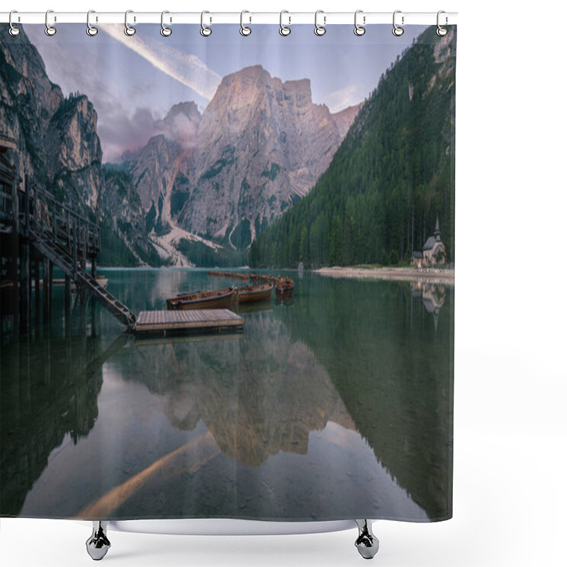 Personality  Sunrise At Lago Di Braies, South Tyrol, The Dolomites, Italy Shower Curtains