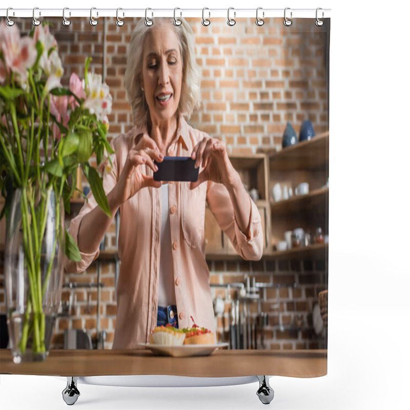 Personality  Woman Photographing Plate With Food At Kitchen Shower Curtains