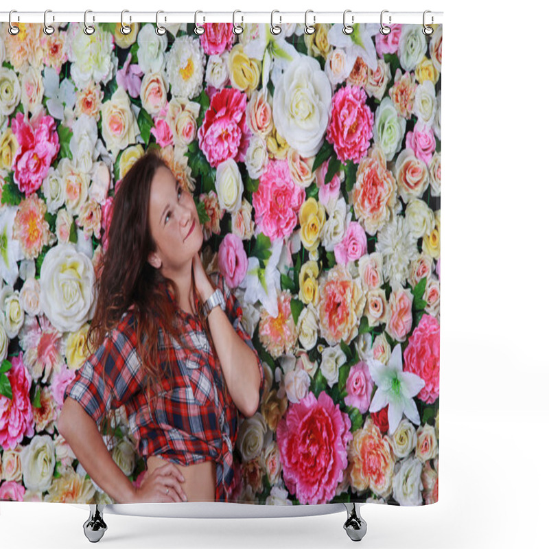 Personality  Young Romantic Brunette Girl Near Flower Wall Shower Curtains