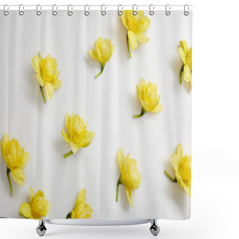 Personality  Top View Of Yellow Narcissus Flowers On White  Shower Curtains