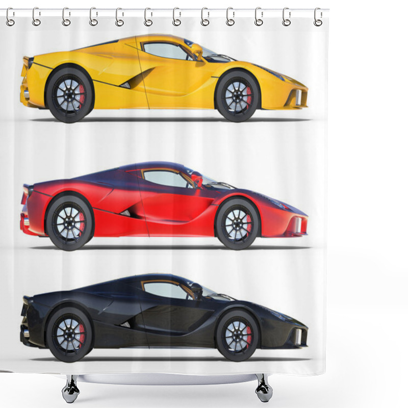 Personality  The Set Of Three Fast Sports Cars Yellow, Red And Black. 3d Illustration. Shower Curtains