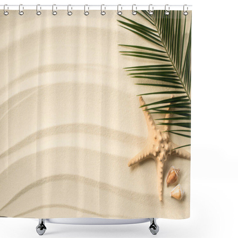 Personality  Top View Of Arranged Palm Leaf, Seashells And Sea Star On Sandy Surface Shower Curtains