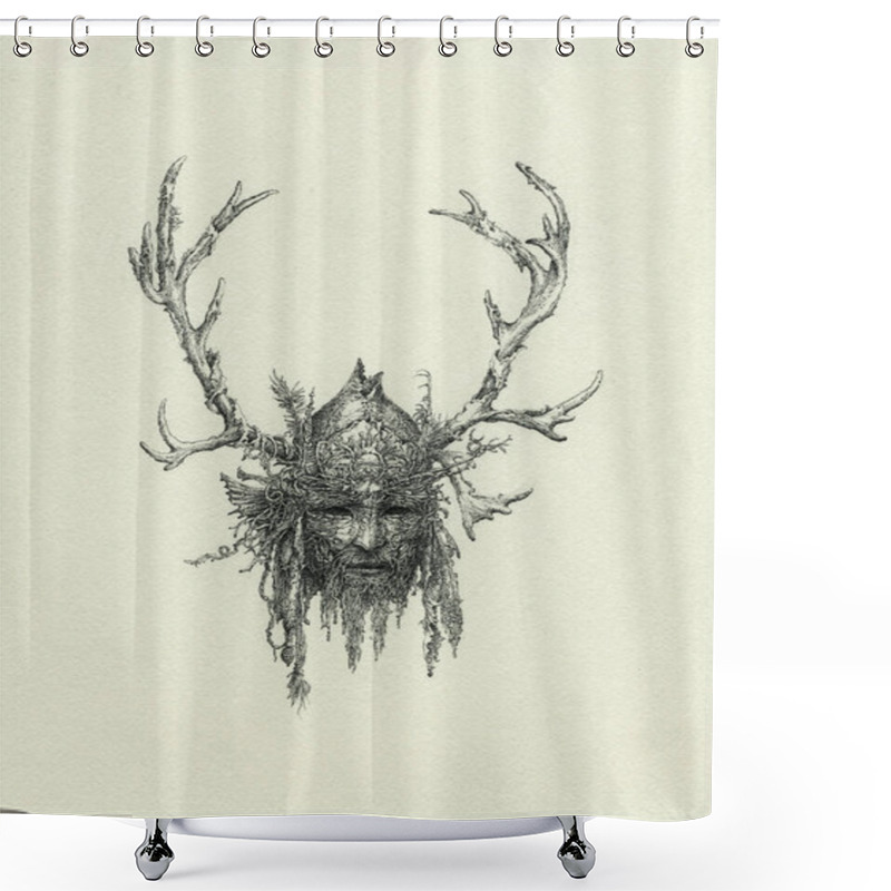 Personality  Handmade Drawing Of A Shaman Mask With Antlers, Ink On Paper. Shower Curtains