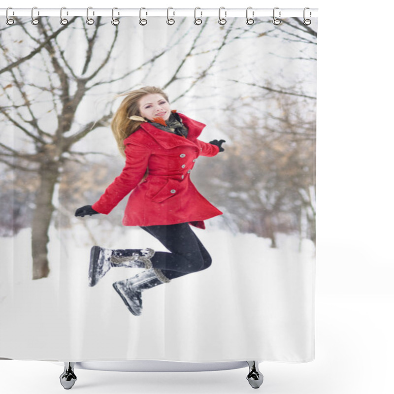 Personality  Attractive Blonde Girl With Gloves, Red Coat And Red Hat Posing In Winter Snow. Beautiful Woman In The Winter Scenery. Young Woman In Wintertime Outdoor Shower Curtains