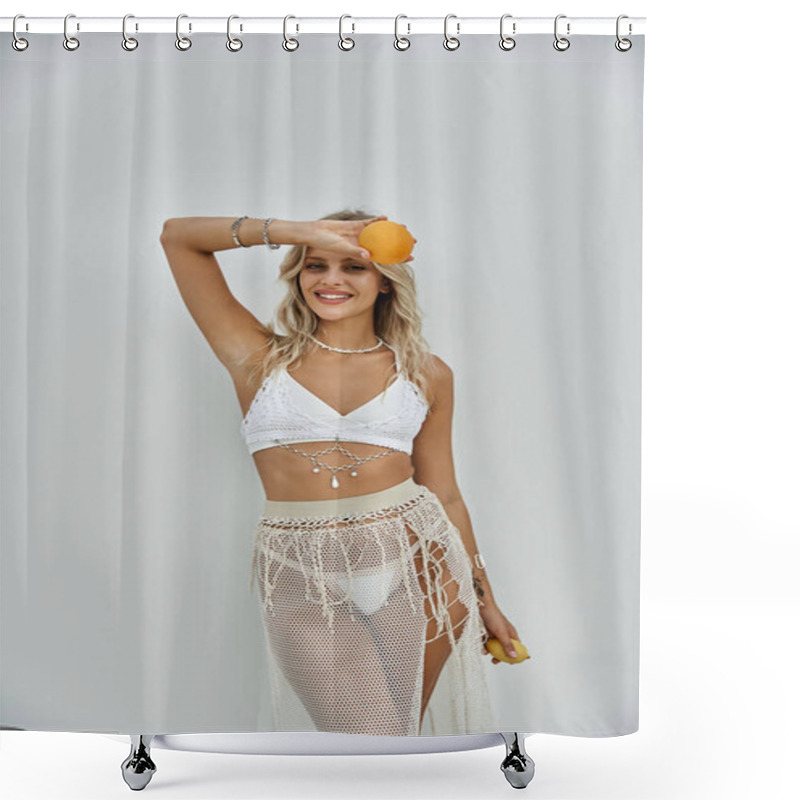 Personality  A Young Blonde Woman In Stylish White Beachwear Poses With A Fruit, Wearing A White Crocheted Top And A Mesh Skirt. Shower Curtains