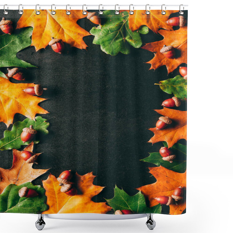 Personality  Flat Lay With Acorns And Fallen Oak Leaves On Black Tabletop Shower Curtains