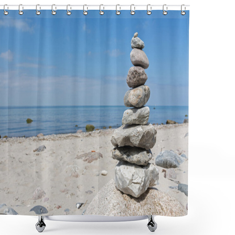 Personality  Balanced Stones Stacked To A Tower On The Beach Of The Baltic Se Shower Curtains