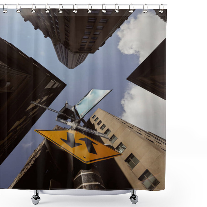 Personality  Bottom View Of Street Pole With Traffic Signs Near Tall Buildings Against Blue Sky In New York City Shower Curtains