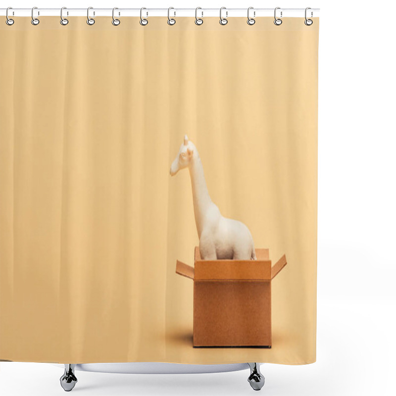 Personality  White Toy Giraffe In Cardboard Box On Yellow Background, Animal Welfare Concept Shower Curtains