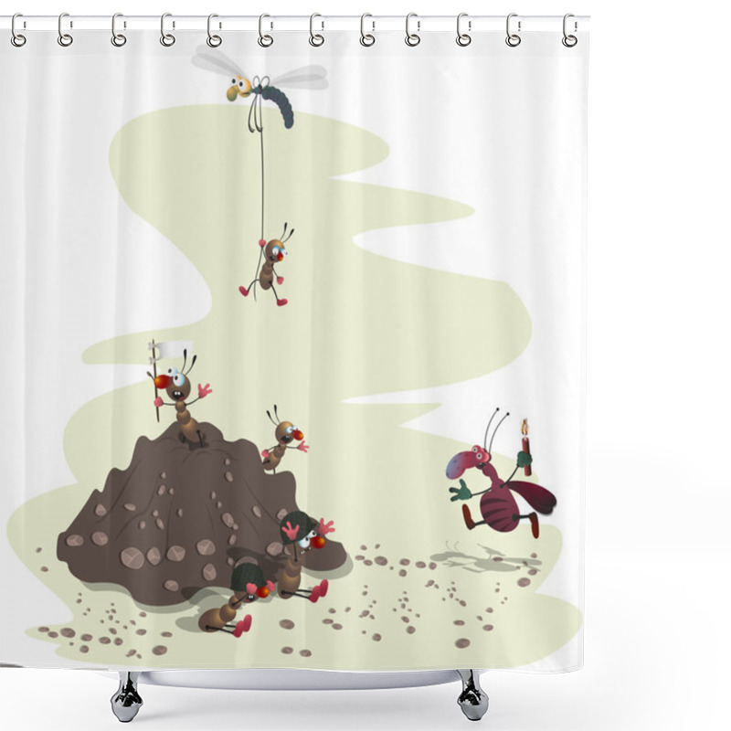 Personality  Striped Cartoon Cockroach Wants To Throw Dynamite At Small Ants Fleeing An Ant Hill Shower Curtains