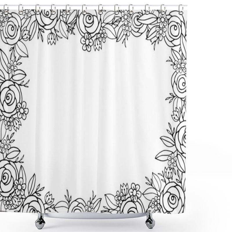 Personality  Doodle Flower Hand Drawn Floral Square Frame Featuring Roses, Daisies, And Leaves In Monochrome. Perfect For Coloring Pages, Invitations, And Minimalist Designs Shower Curtains