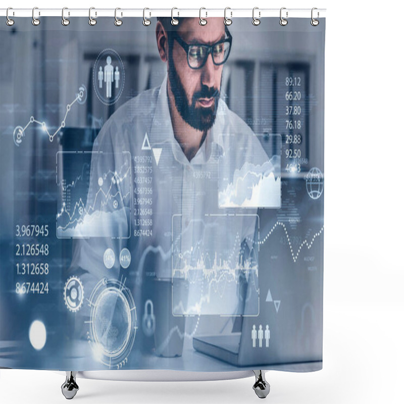 Personality  Serious Bearded Businessman In Glasses Reading Financial Report In Blurry Office With Double Exposure Of HUD Infographic Interface. Concept Of Statistics And Data Analysis. Toned Image Shower Curtains