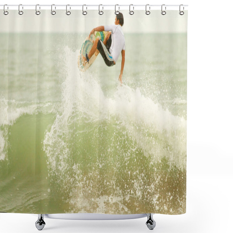 Personality  Surfer Ready To Jump From A Wave Shower Curtains