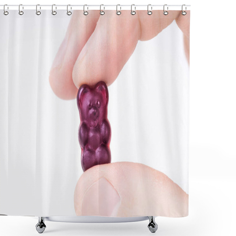 Personality  Crop View Of Male Fingers Holding A Purple Gummy Bear Against White Background. Shower Curtains