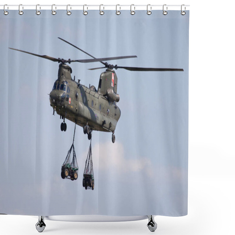 Personality  BERLIN / GERMANY - APRIL 28, 2018: Military Transport Helicopter Chinook From Boing Rotor Craft Systems Flies At Airport Berlin / Schoenefeld. Shower Curtains